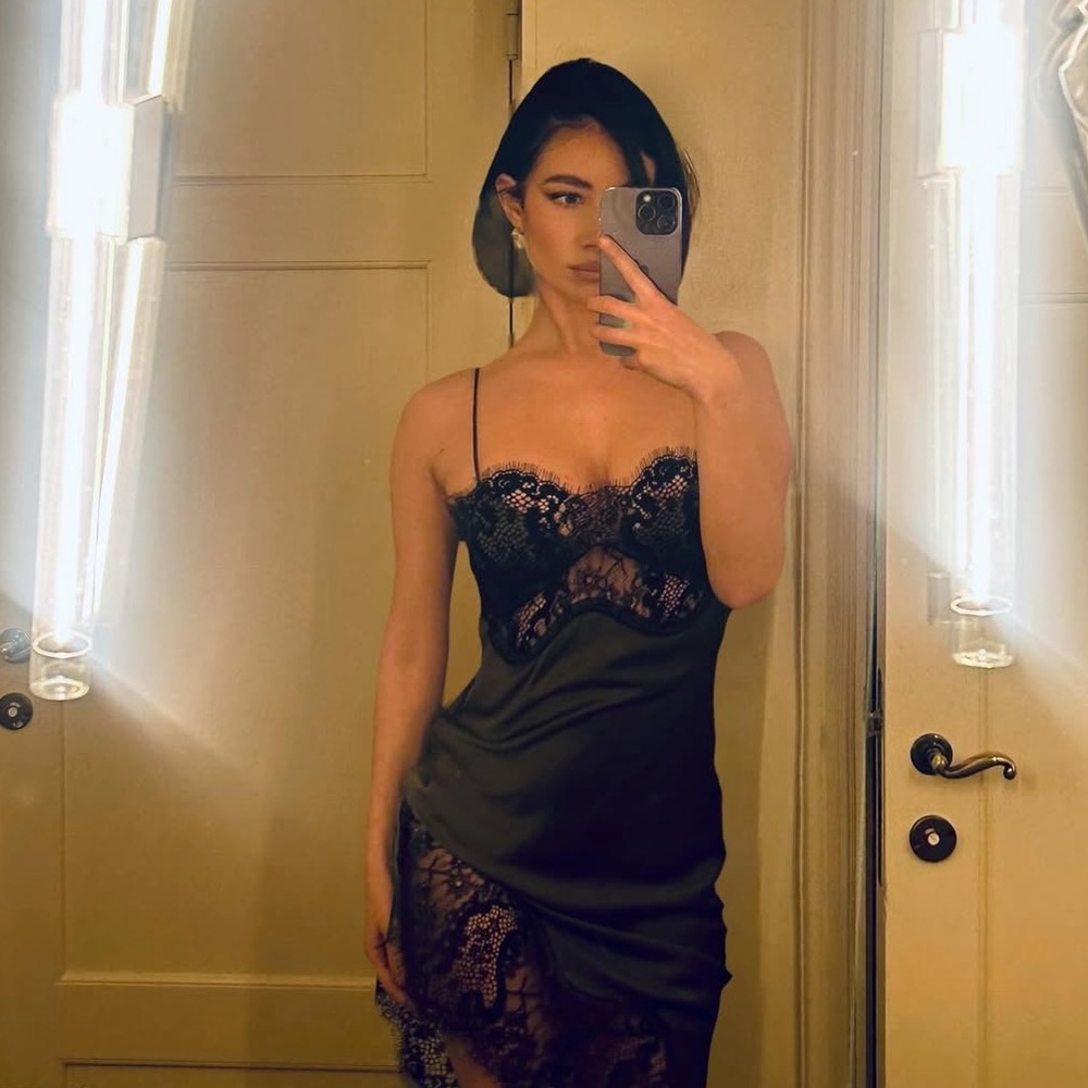 Zara Olive Green Satin Asymmetrical Slip Dress with Black Lace - Picture 12 of 13